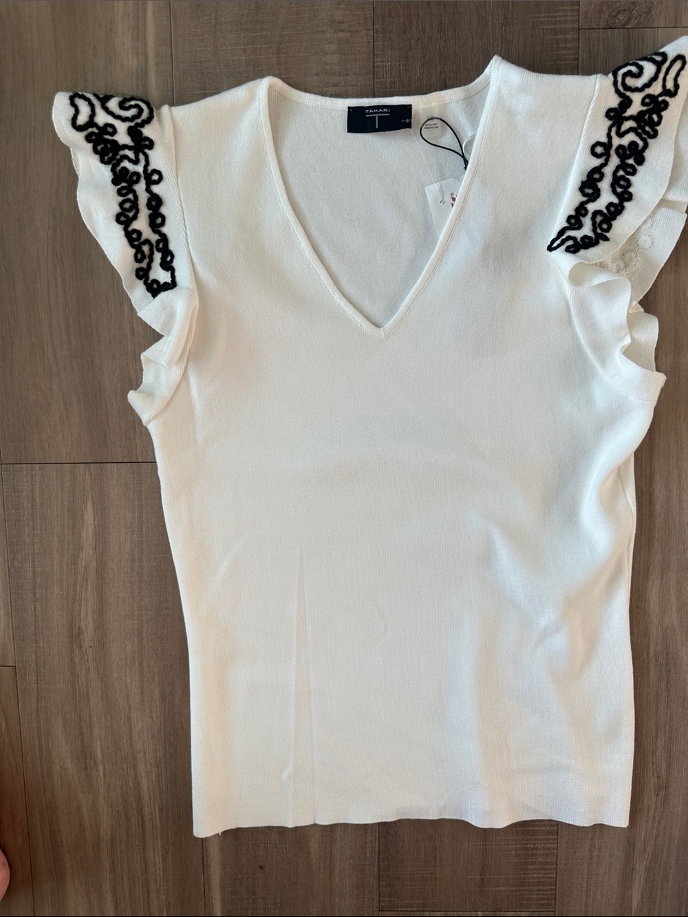 Tahari White V-Neck Tank with Black Embroidered Ruffle Shoulders